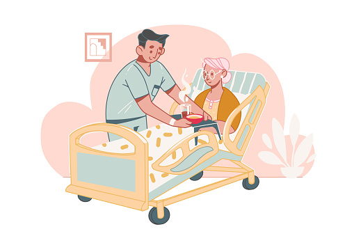 Elderly Care Concept. Social worker or volunteer takes care of and helps a bedridden elderly woman  with disabilities  in a nursing home. Assistance to senior people at home.