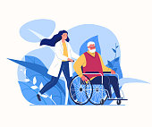 Help for elderly. Organization for care of disabled. Compassionate and competent solicitude. Daily nurse. Vector flat cartoon illustration.