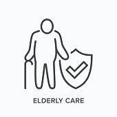 Elderly citizen care line icon. Vector outline illustration senior man medical insurance protection. Nursing home logo.
