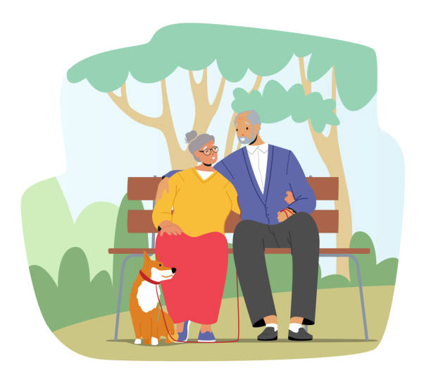 ilustrações de stock, clip art, desenhos animados e ícones de elderly couple characters spending time with dog at city park. happy smiling senior man and woman sitting on bench - grandparents hug