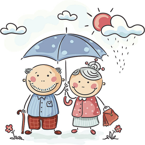 stockillustraties, clipart, cartoons en iconen met elderly couple - rain woman sun