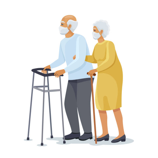 Elderly Couple with Protective face masks. Elderly Couple with Protective face masks. cartoon of a wrinkled old lady stock illustrations