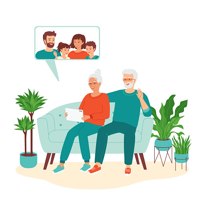 Elderly gray-haired senior woman and a man are talking with their children via video call on a tablet. Remote communication with retirees, grandparents. Happy active mature family. Vector illustration