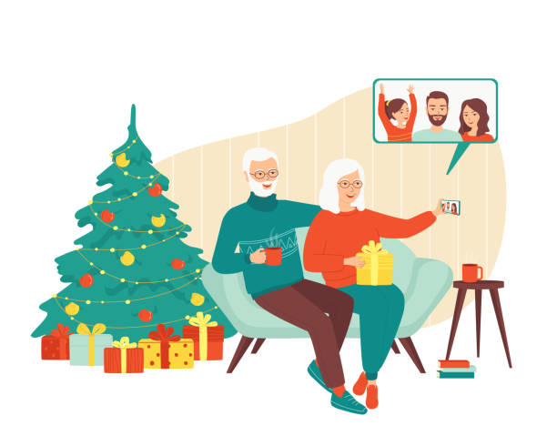 ilustrações de stock, clip art, desenhos animados e ícones de elderly gray-haired woman and a man are talking with their family via video call on a smartphone. remote communication with retirees, grandparents. new years christmas holidays. vector illustration - smartphone christmas