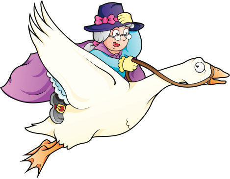 Elderly lady with magical powers flying on top of a goose