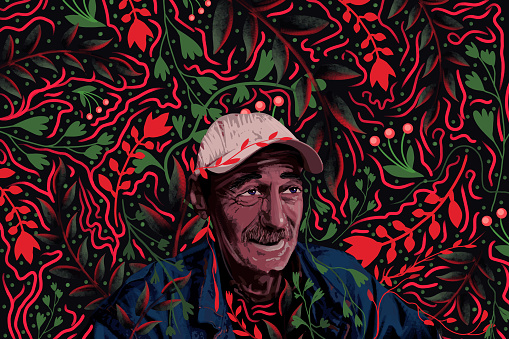 Elderly man with flower pattern