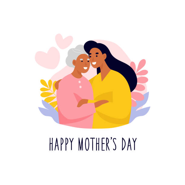 ilustrações de stock, clip art, desenhos animados e ícones de elderly mother and daughter cuddling. happy mother's day postcard, banner, newsletter. - grandparents hug