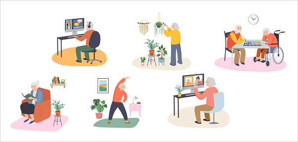 Elderly, old people, senior people at home, playing chess, chatting on computer with grandchildren, reading books, working out, learning languages. Vector illustration, cartoon set