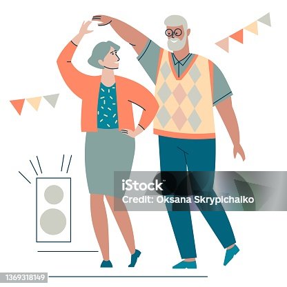 istock Elderly people dance. Grandparents are happy and spend time actively. Dance lesson for seniors. Party for retirees. The concept of pension activity. 1369318149