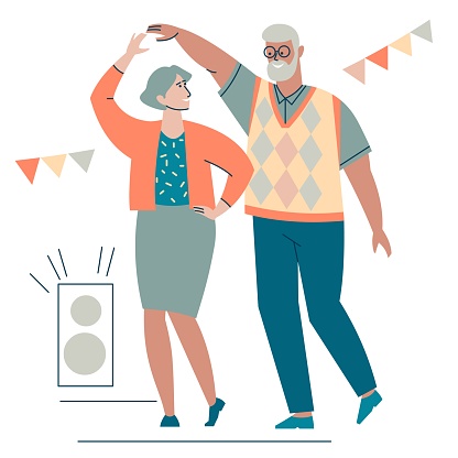 Elderly people dance. Grandparents are happy and spend time actively. Dance lesson for seniors. Party for retirees. The concept of pension activity.
