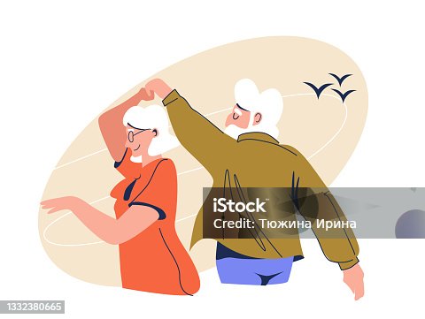istock Elderly people dancing on the beach. Vector illustration in cartoon style isolated on white background. 1332380665
