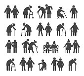 Elderly people icons. Aged or senior man signs, retired silhouettes vector illustration