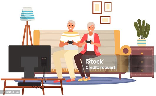 istock Elderly people sitting on couch and holding joysticks in their hands. Old people with technology 1328814126