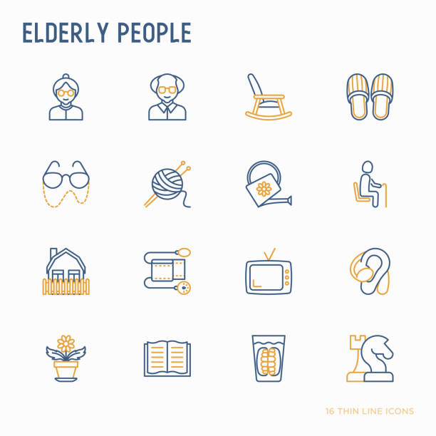 starsi ludzie cienkie ikony linii zestaw: babcia, dziadek, okulary, kapcie, dzianie, bujane krzesło, aparat słuchowy, kwiaty, czytanie, fałszywa szczęka, szachy. nowoczesna ilustracja wektorowa. - hearing aid stock illustrations