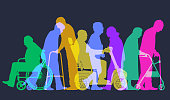 Overlapping silhouettes of elderly or old age people, raging population. Fully re-positionable elements