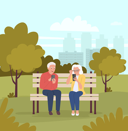 Elderly woman and man are sitting on the bench with smartphones in the park. Vector flat cartoon style illustration.