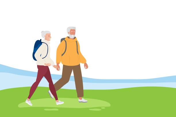 stockillustraties, clipart, cartoons en iconen met elderly woman and men wearing casual clothes with backpack traveling in nature. healthy lifestyle, leisure time, outdoor sport, walks and camping in old age. colored flat cartoon vector. - adventure woman