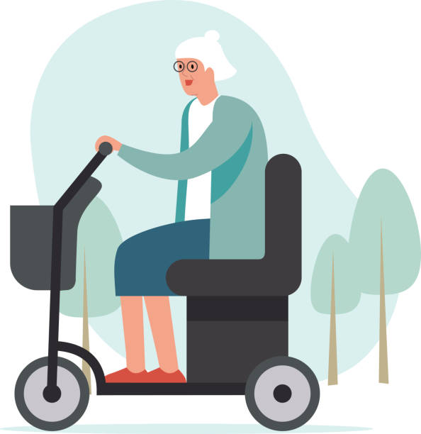 ilustrações de stock, clip art, desenhos animados e ícones de elderly woman driving mobility scooter. park area in the background - wheelchair street happy