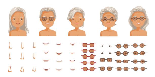 Elderly woman face Elderly woman face set. Elderly woman head character creation. Eye, mouth, nose, eyebrows, glasses and hairstyles. The old woman's smiling face. vector cartoon of a wrinkled old lady stock illustrations
