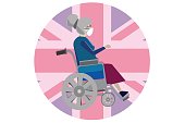 Illustration of an elderly woman in a wheelchair and UK flag background