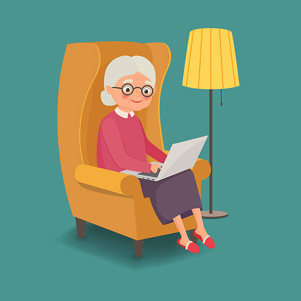 пожилая женщина, сидящая в кресле с ноутбуком - old lady with glasses carto...