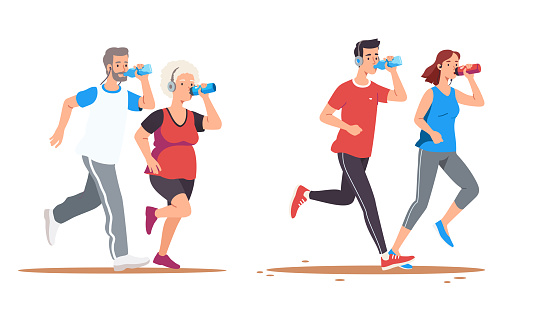 Elderly & young man & woman couples jogging. Drinking water hydrating set. Old or middle aged joggers run listening to music. Training, working out outdoors. Sport & wellness. Flat vector illustration