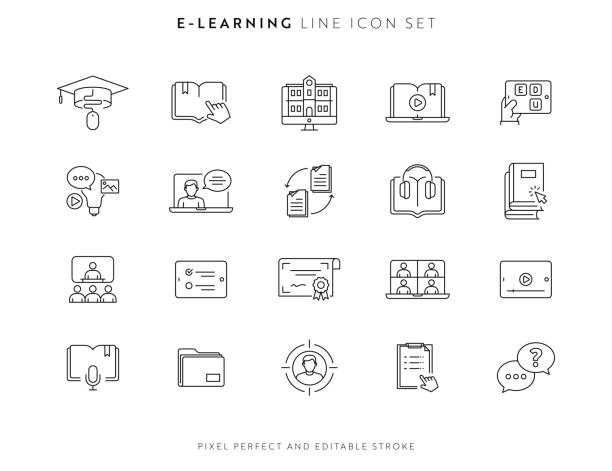Ikon E-Learning dan Kursus Diatur dengan Goresan yang Dapat Diedit dan Pixel Perfect.