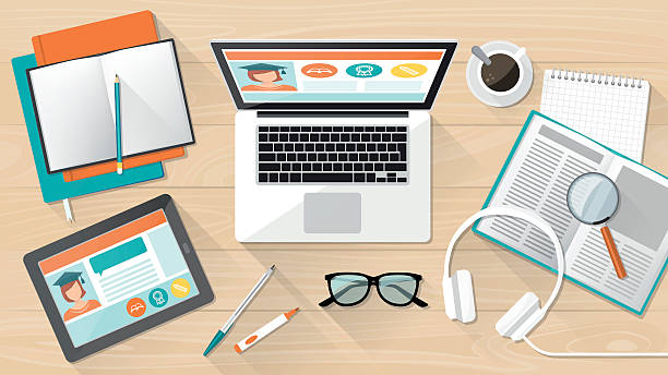 E-learning and education E-learning, education and university banner, student's desktop with laptop, tablet and books high angle view stock illustrations