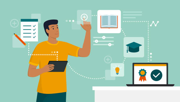 E-learning and online courses E-learning and online education: student connecting with his digital tablet and attending courses online, he is interacting with a virtual user interface customized stock illustrations