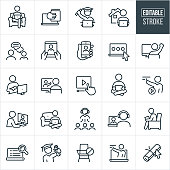 A set e-learning icons that include editable strokes or outlines using the EPS vector file. The icons include many instances of students learning online. They include a student sitting in a chair at home with laptop, laptop with book, graduate with graduation cap and diploma sitting at laptop, student learning from home, teacher online chatting with student, professor on tablet PC, teacher on mobile device, online test, student on desktop computer, new mother holding baby while on the computer, online video, student sitting cross legged with tablet pc, instructor video, student learning from teacher on laptop, graduate holding diploma and other e-learning icons.