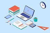 Isometric Laptop, Book, Smartphone, Pencil, Calculator, Notebook, Coffee Mug and Eye Glasses in Vector