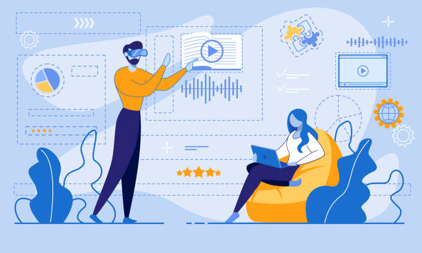 E-Learning via Internet or Virtual Reality Account E-Learning via Internet or Virtual Reality Account. Man in VR Glasses Entering Online Account for Data Management and Studying. Woman Using Laptop for Watching Video Tutorial. Vector Flat illustration virtual reality simulator illustrations stock illustrations