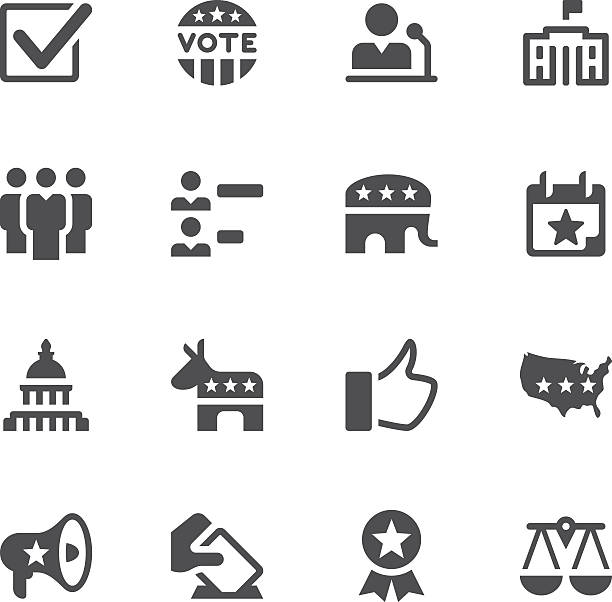 Election and Politics Icons Set of 16 Election and Politics vector icons. Easy resize. There are icons: Capitol Building, White House - Washington Dc, Democratic Party icon, Republican Party icon, Voting, Check Mark, Calendar, Weight Scale, Thumbs Up, USA map, Megaphone, Elephant, Donkey, Group of People. democratic party usa stock illustrations