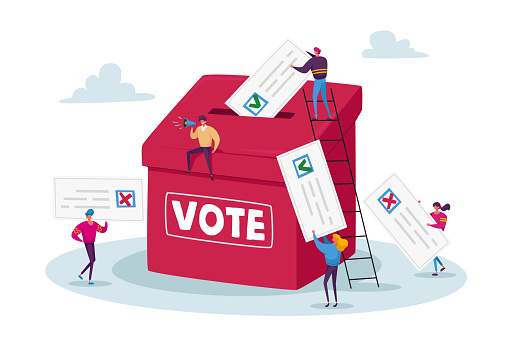 Election and Social Poll Concept. Tiny Voters Male and Female Characters Casting Ballots at Polling Place During Voting Put Paper Ballot in Box, Man with Megaphone. Cartoon People Vector Illustration