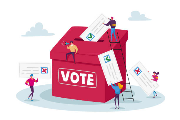 Election and Social Poll Concept. Tiny Voters Male and Female Characters Casting Ballots at Polling Place During Voting Election and Social Poll Concept. Tiny Voters Male and Female Characters Casting Ballots at Polling Place During Voting Put Paper Ballot in Box, Man with Megaphone. Cartoon People Vector Illustration democracy stock illustrations