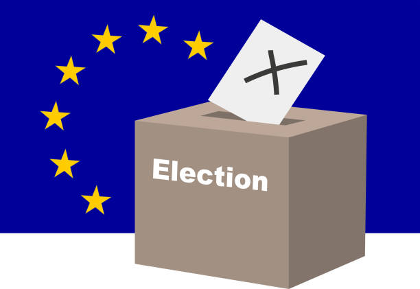 illustrations, cliparts, dessins animés et icônes de concept électoral de l’ue. voter à l’urne avec le drapeau européen en arrière-plan. illustration. - parlement européen