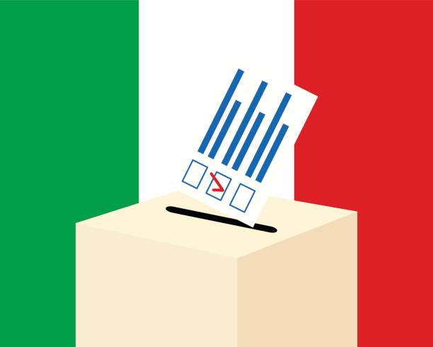 illustrazioni stock, clip art, cartoni animati e icone di tendenza di elezioni in italia. scheda elettorale e urne con bandiera italiana sullo sfondo - elezioni italia
