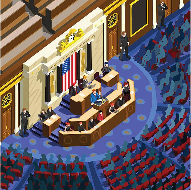 Election Infographic Parliament Hall Us Vector Isometric People Election infographic.Debate party convention hall.Conference business meeting lecture.Congress theatre auditorium audience.Politic delegate competitors affiliates crowd rally.Vector isometric people united states senate stock illustrations