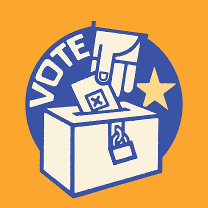 Election themed Illustration with hand of person putting vote into ballot box