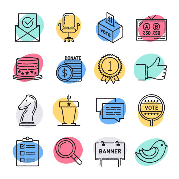Elections & Representation Doodle Style Vector Icon Set Modern elections and representation doodle style concept outline symbols. Line vector icon sets for infographics and web designs. voting drawings stock illustrations