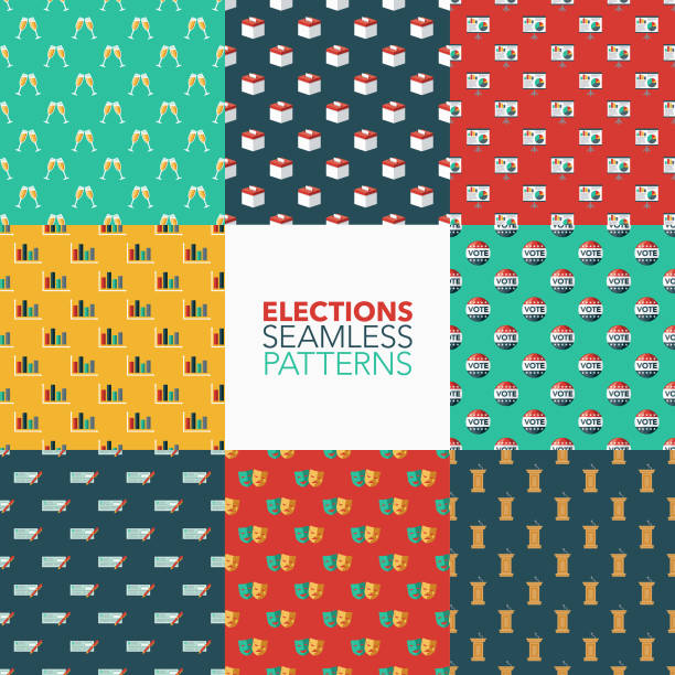 Elections Seamless Pattern Set A set of eight seamless patterns created from a single flat design icon. All patterns can be tiled on all sides. File is built in the CMYK color space for optimal printing and can easily be converted to RGB. No gradients or transparencies used, the shapes have been placed into a clipping mask. voting designs stock illustrations