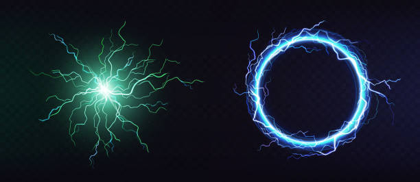 Electric ball, round lightning frame 3d vector Electric ball, round lightning frame, blue thunderbolt circle border, magic portal, energy strike. Green plasma sphere, powerful electrical isolated discharge dazzle, Realistic 3d vector illustration lightning borders stock illustrations