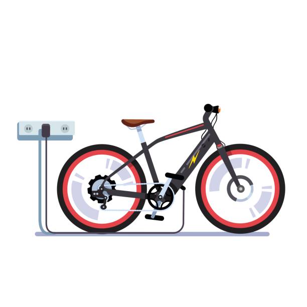 Electric bicycle charging batteries with outlet Modern electric bicycle charging its batteries with wall outlet plug wire. EV bike station. Flat style vector illustration isolated on white background. electric bicycle stock illustrations