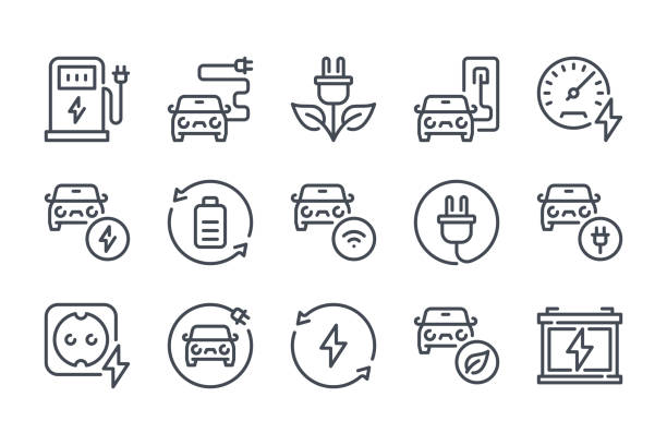 Electric car and Hybrid vehicle line icon set. Eco fuel station and Auto charging linear icons. Battery power and Alternative energy sources outline vector sign collection. Electric car and Hybrid vehicle line icon set. Eco fuel station and Auto charging linear icons. Battery power and Alternative energy sources outline vector sign collection. electric vehicle stock illustrations