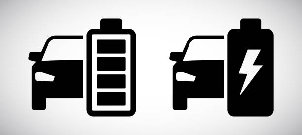 ilustraciones, imágenes clip art, dibujos animados e iconos de stock de icono de la batería del coche eléctrico aislado sobre fondo blanco - electric car