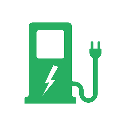 Electric car. Charger station. Electric refueling. Green eco transportation. Vector illustration flat design. Isolated on white background. Plug symbol. Voltage symbol vehicle.