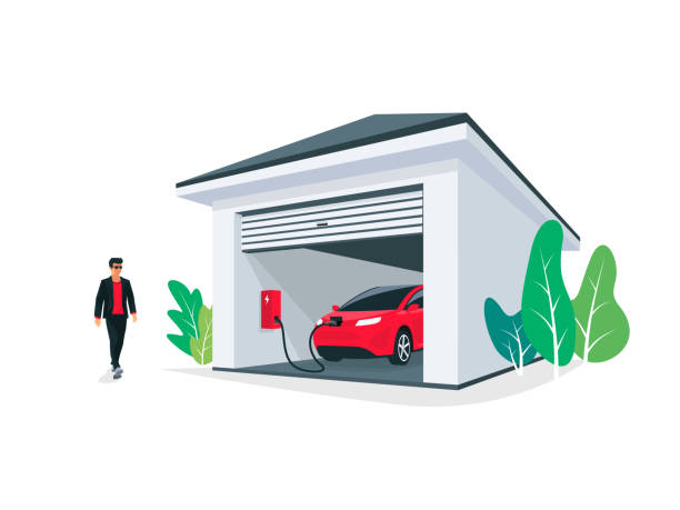 ilustrações de stock, clip art, desenhos animados e ícones de electric car charging at home garage wall box charger station - car charger