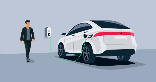 ilustrações de stock, clip art, desenhos animados e ícones de electric car charging at underground garage on with wall box charger station - car charger