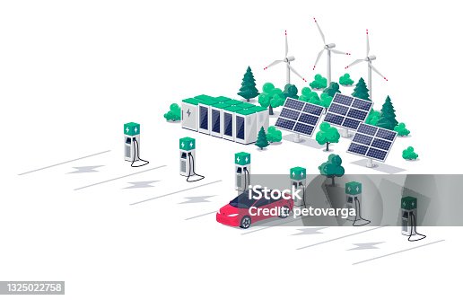 istock Electric car charging on renewable solar wind charger station with many charging stalls 1325022758