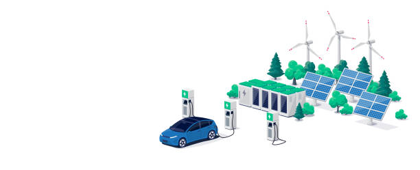 Electric car charging on renewable solar wind charger station with many charging stalls vector art illustration